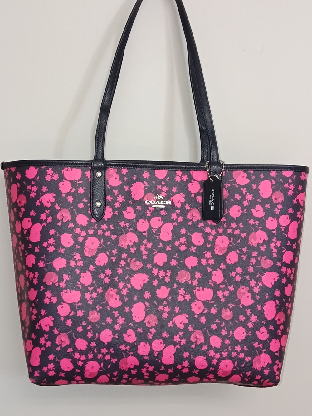 COACH Reversible Pink Navy Blue Floral Print City Tote Bag Large Prairie